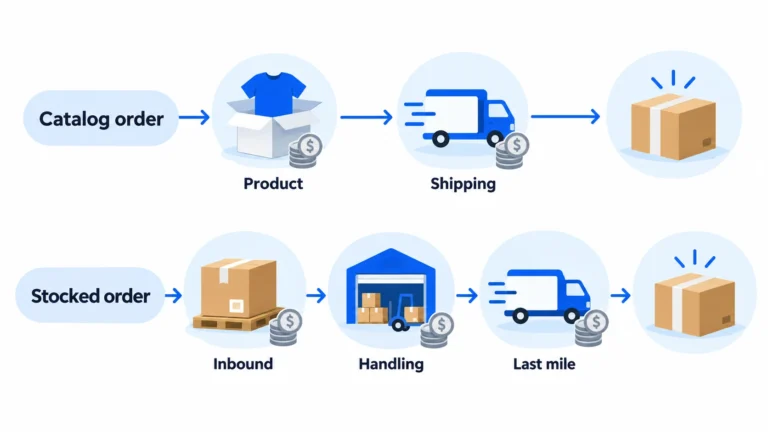 Conceptual comparison of catalog product and shipping charges versus stocked inventory with inbound handling and last-mile delivery.