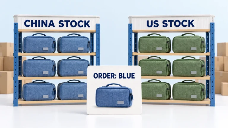Hypothetical China stock contains blue organizers while US stock contains green, alongside an order for blue.