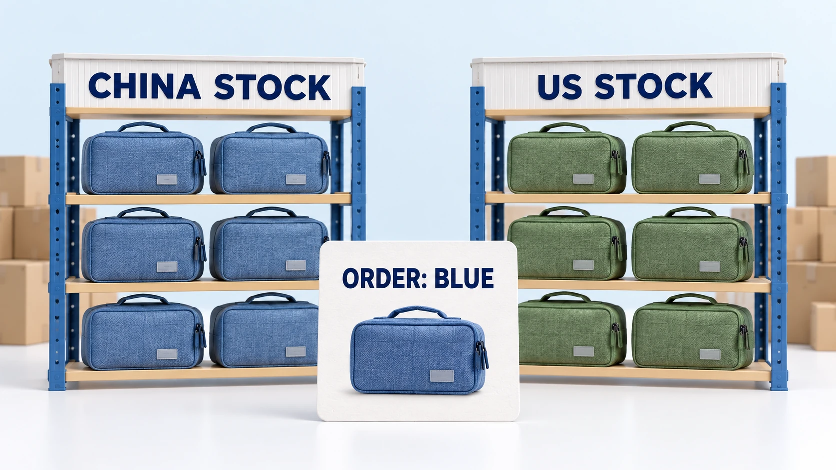 Hypothetical China stock contains blue organizers while US stock contains green, alongside an order for blue.