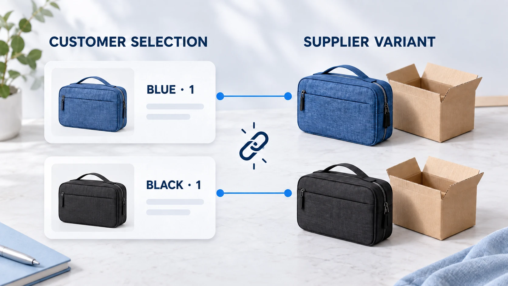 Blue and black customer selections each connected to the matching supplier organizer