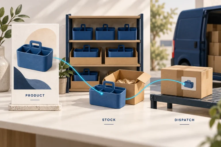Editorial illustration linking a product card to matching stocked organizers and a dispatch parcel.