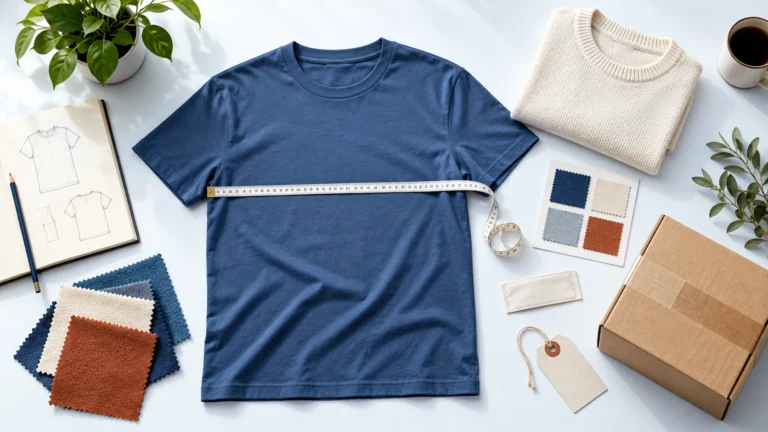 Editorial garment-buying illustration with a shirt, measuring tape, fabric swatches, blank label and parcel.