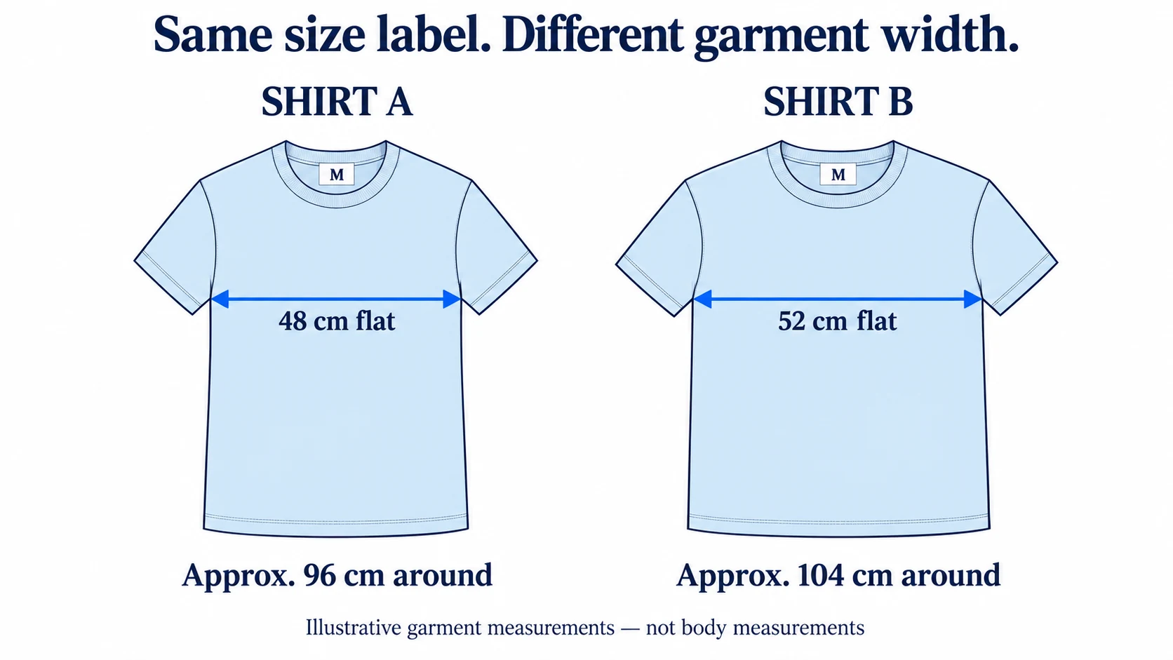 Two illustrative medium shirts measure 48 and 52 centimeters flat across the chest, giving approximate garment circumferences of 96 and 104 centimeters.