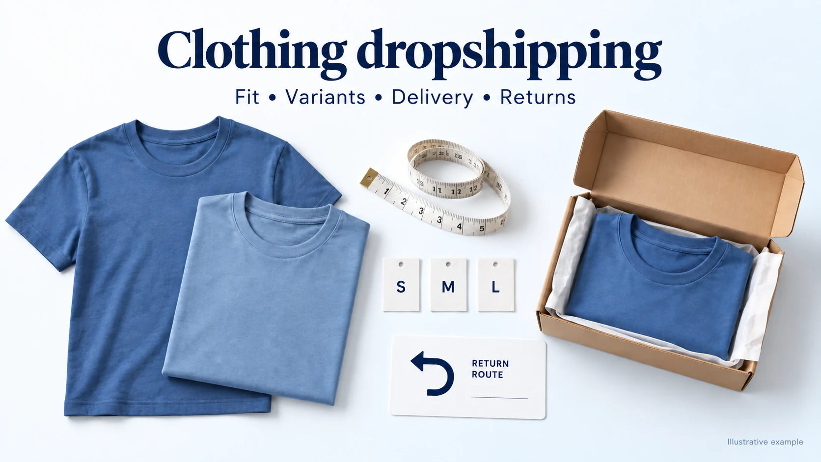 Illustrative blue shirts, size tags, measuring tape and a parcel with a return-route card.
