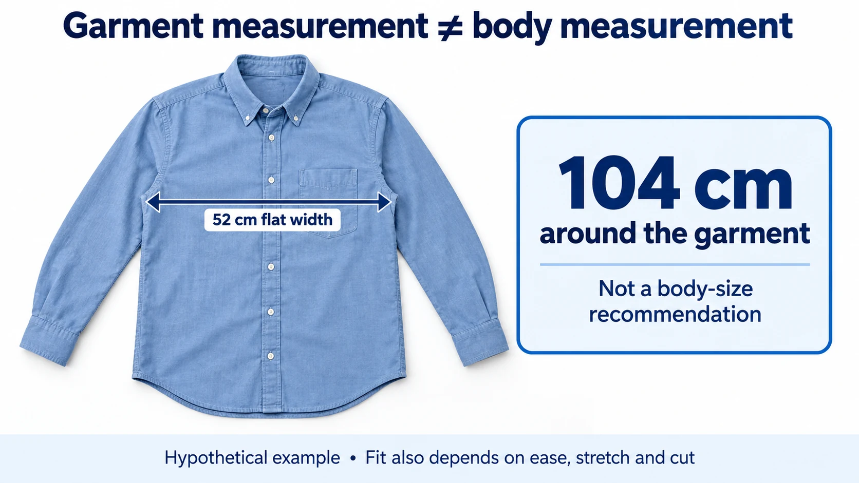 Hypothetical shirt with 52 cm flat chest width and 104 cm garment circumference, distinguished from body sizing.