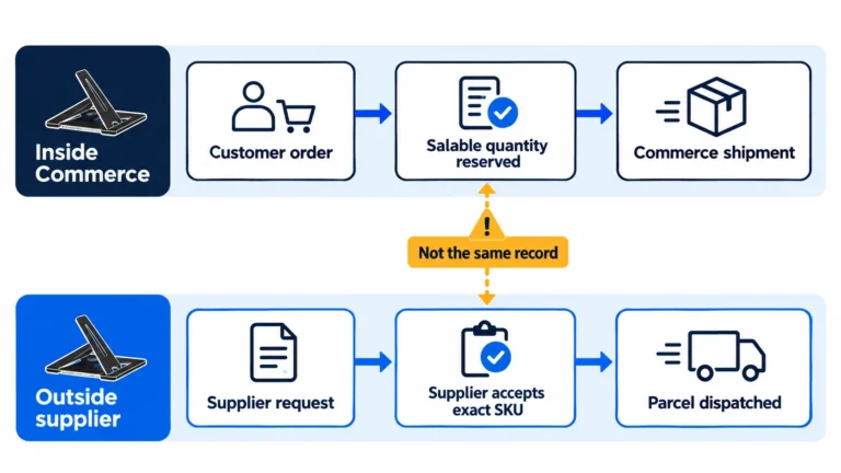 Conceptual parallel records for one laptop stand: Commerce customer order and salable quantity reservation above, separate supplier request, exact SKU acceptance and dispatch below