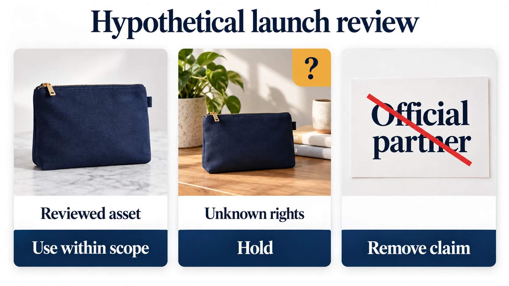 Hypothetical launch review separates a reviewed asset, an unknown-rights image to hold, and an unsupported claim to remove.