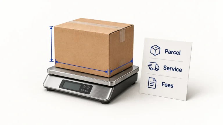 A packed carton is measured on a scale beside a conceptual parcel, service and fees card.