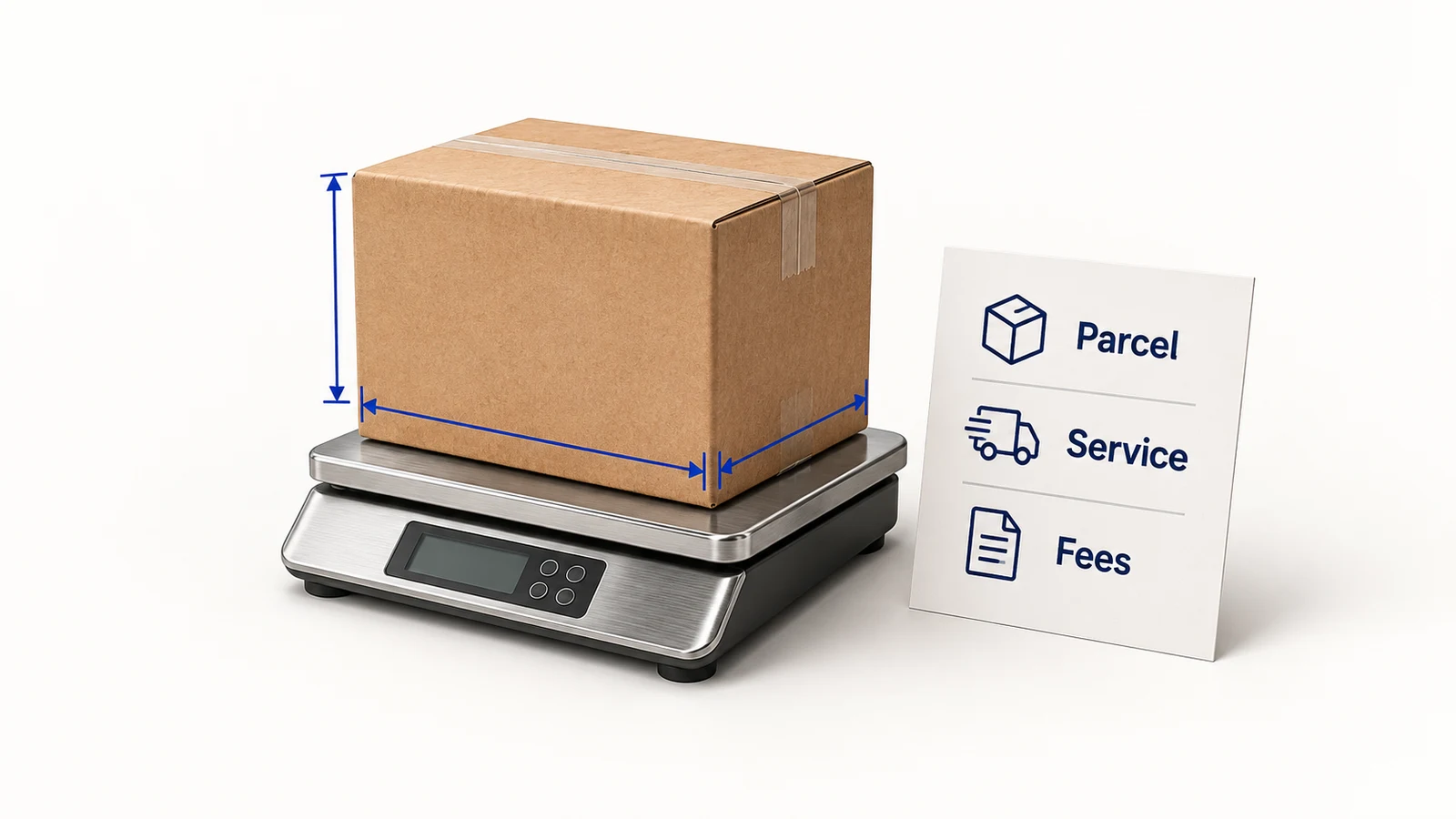 A packed carton is measured on a scale beside a conceptual parcel, service and fees card.