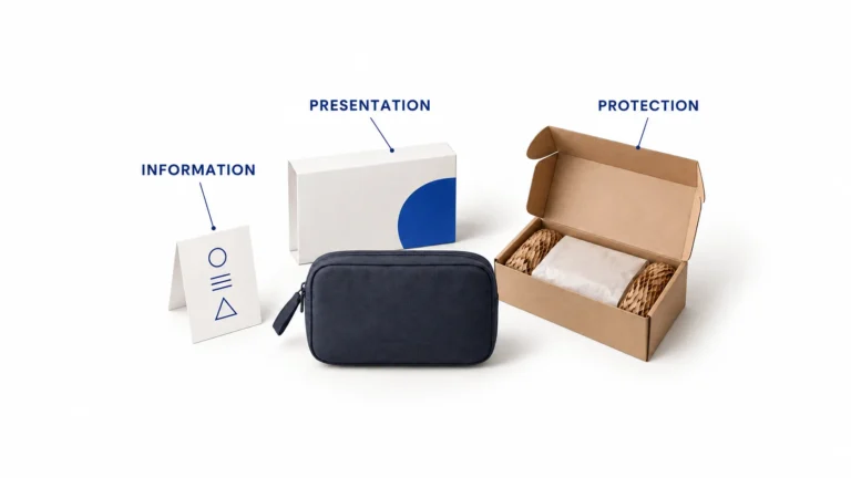 Editorial illustration of a care card, branded sleeve and protective shipping package around a generic organizer.