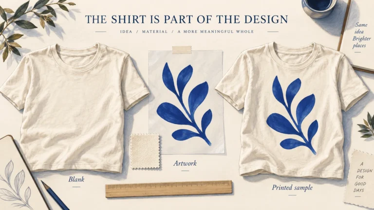 Concept illustration pairs a plain T-shirt, artwork and a finished printed sample to show the product decisions behind a custom tee.