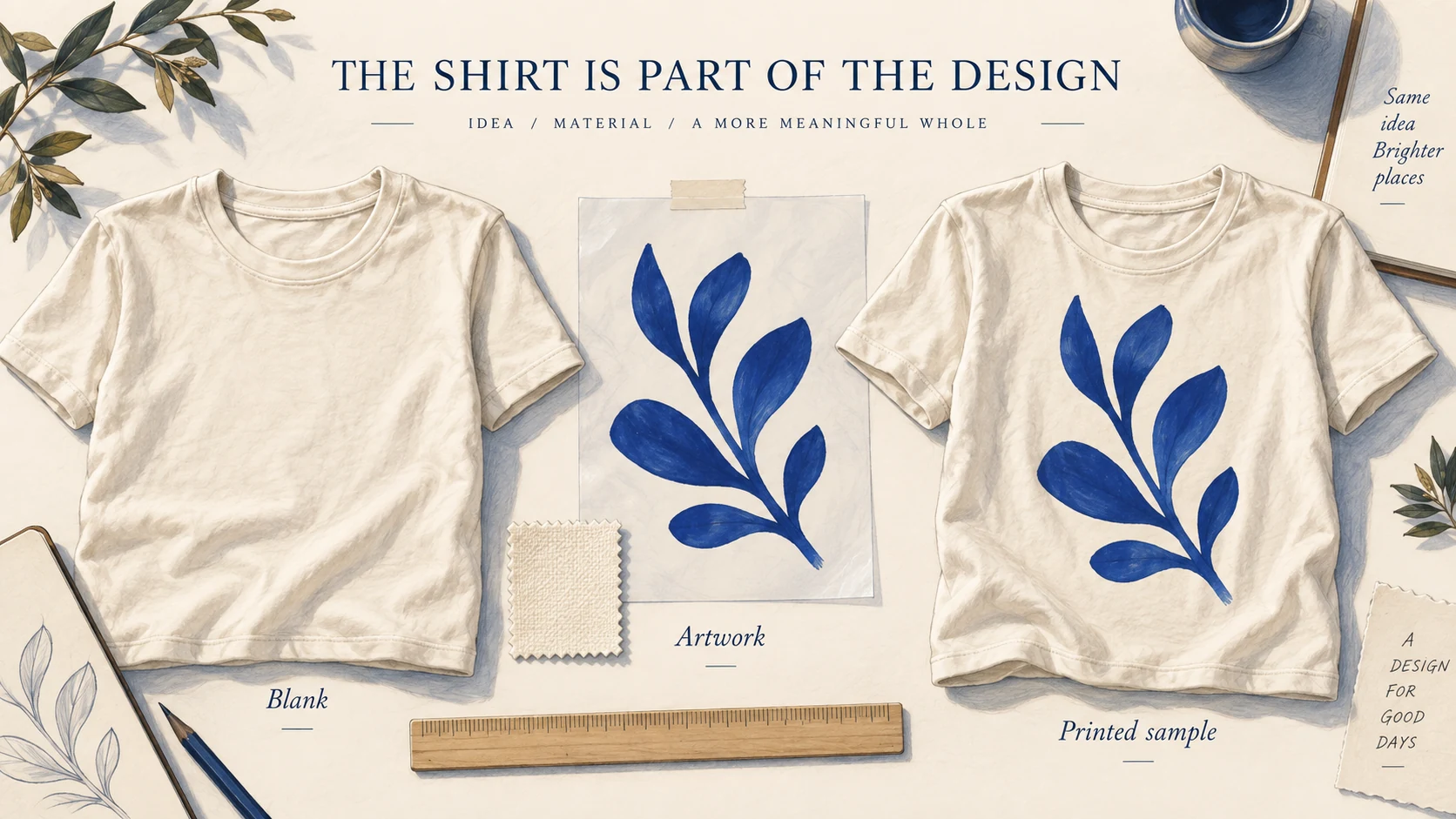Concept illustration pairs a plain T-shirt, artwork and a finished printed sample to show the product decisions behind a custom tee.