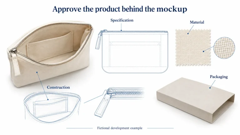 Illustrated organizer prototype beside its specification drawing and intended fabric and packaging.