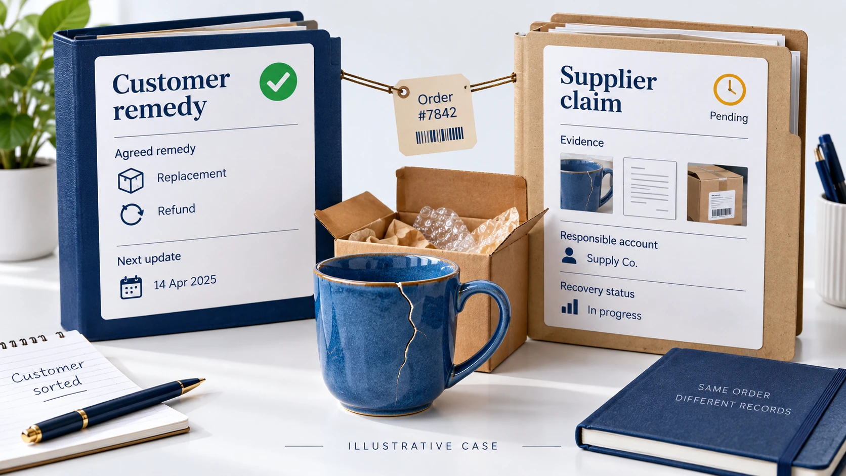 An illustrative cracked cup with separate customer remedy and supplier claim records.