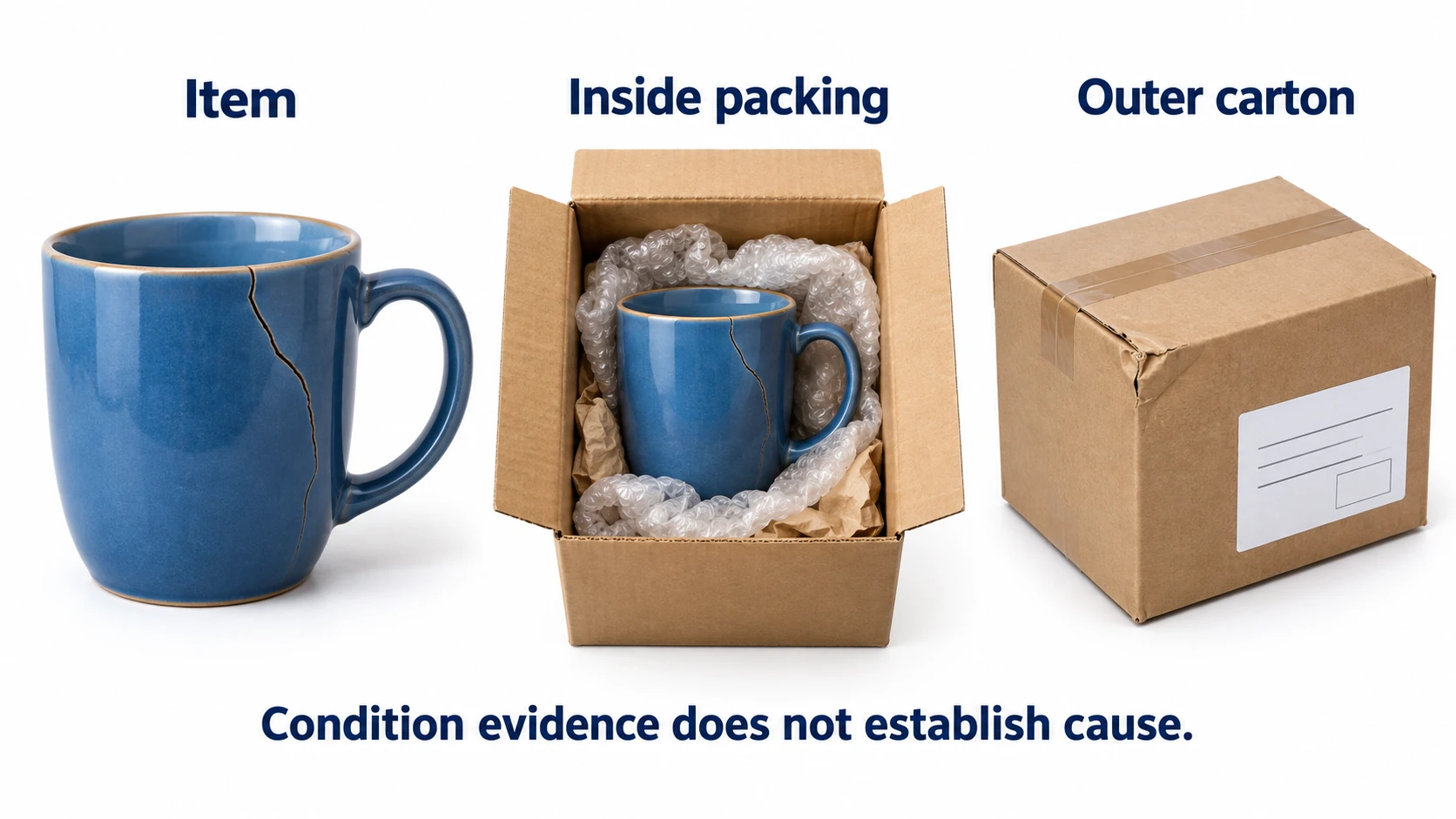Illustrative views of a cracked cup, its internal packing and the outer carton.