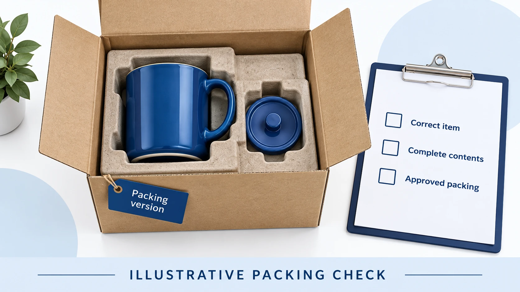 An illustrative mug and lid in fitted packing beside an unchecked packing review list.