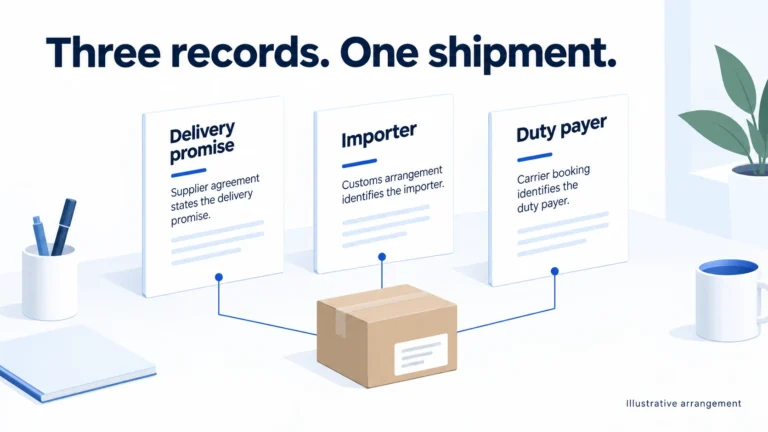Three separate records connect the delivery promise, importer and duty payer to one illustrative shipment.