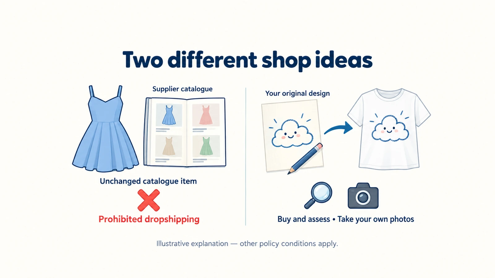 Illustrative Depop product choices: catalogue dropshipping is prohibited; an original-design shirt needs personal assessment, original photos and other conditions.