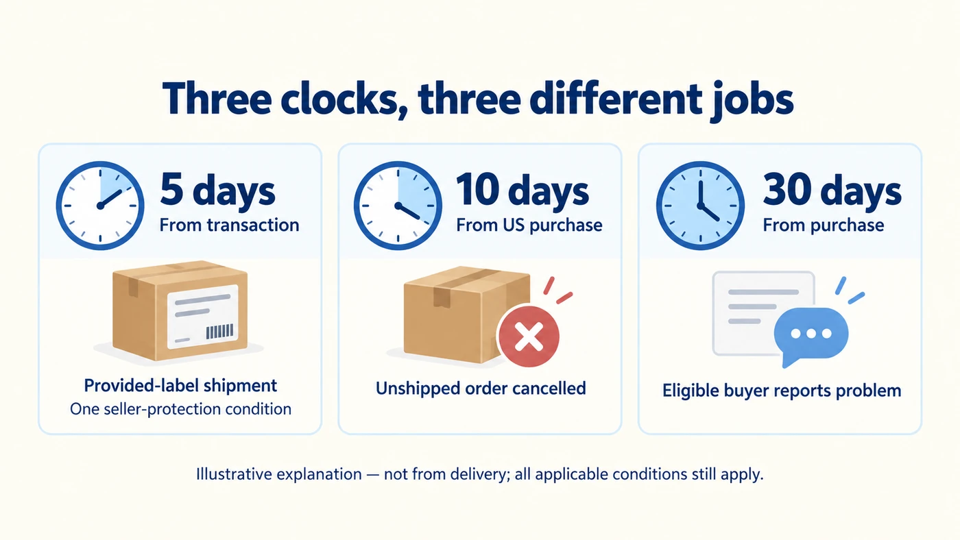 Illustrative Depop deadlines: five-day seller-protection shipment condition, ten-day US unshipped-order limit, and thirty-day eligible buyer reporting window.