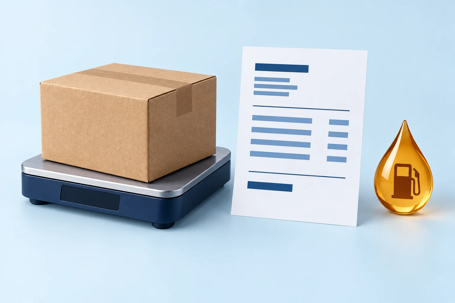 Parcel on a scale beside a shipping invoice and fuel symbol