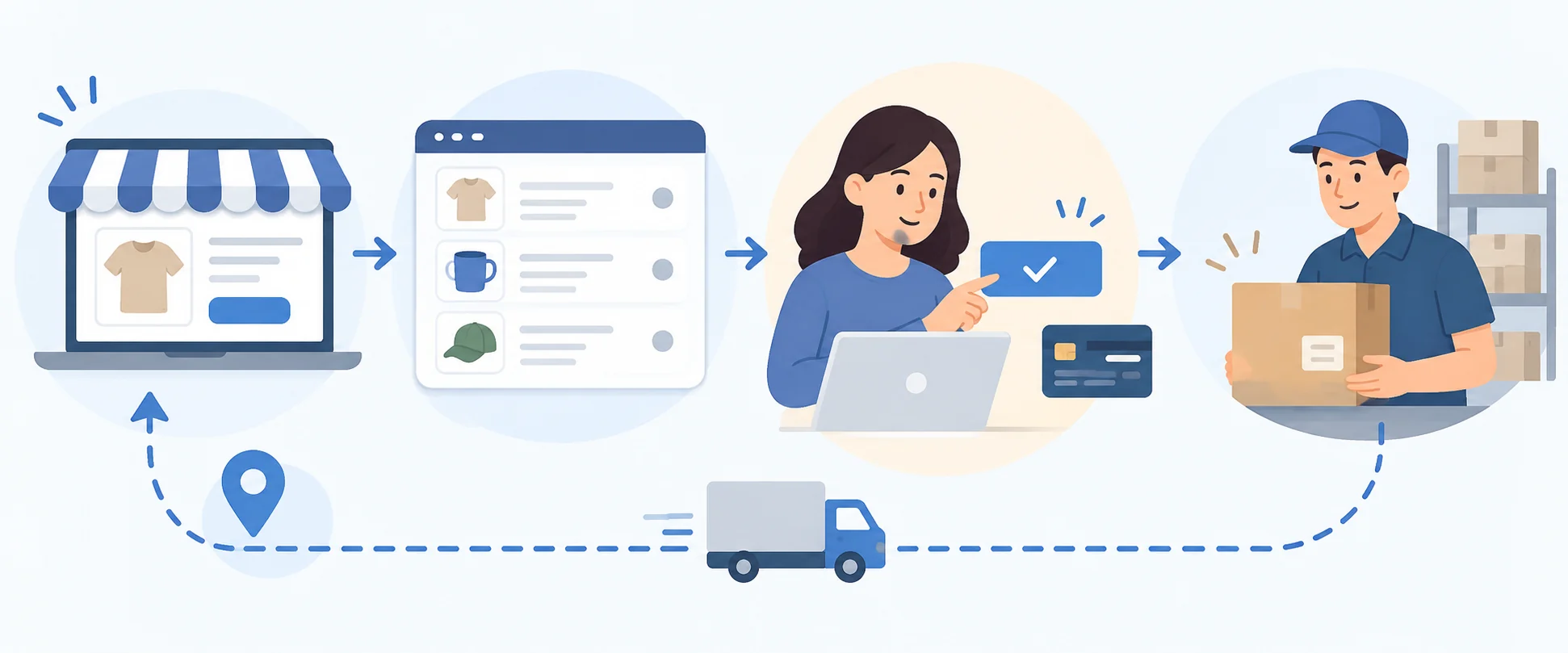 Conceptual order route from a connected store through merchant approval and payment to supplier shipment and tracking.