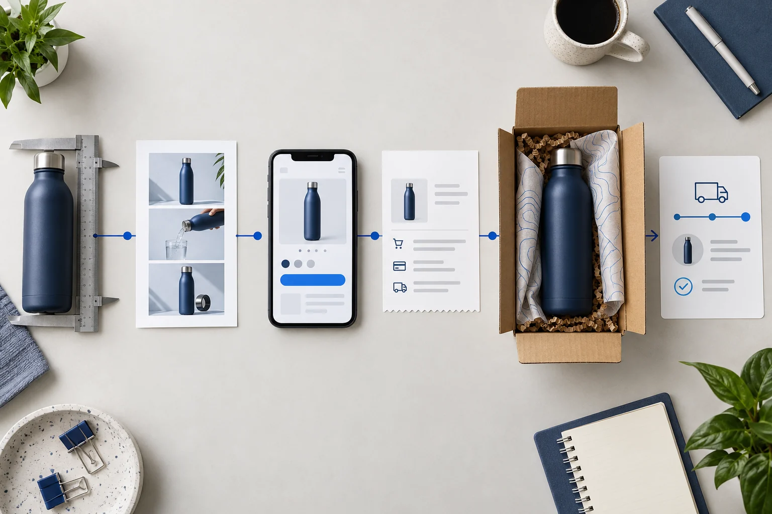 An editorial path connects an inspected product sample, ad creative, store page, packed order and customer update.
