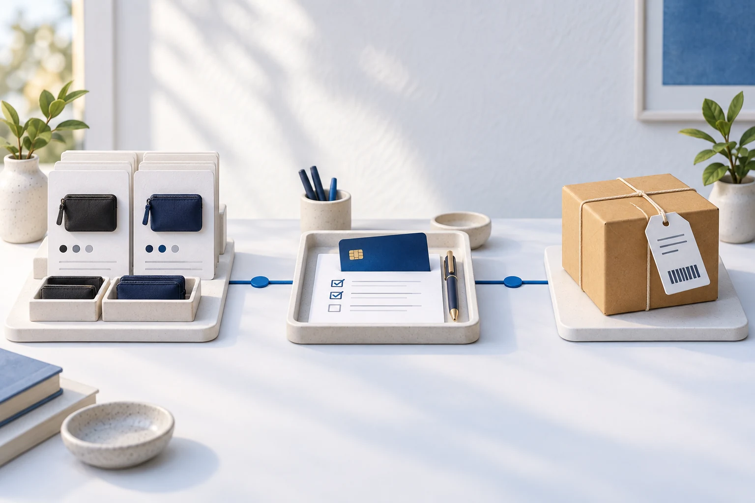 Editorial illustration of separate product, payment and parcel stations linked on a desk.