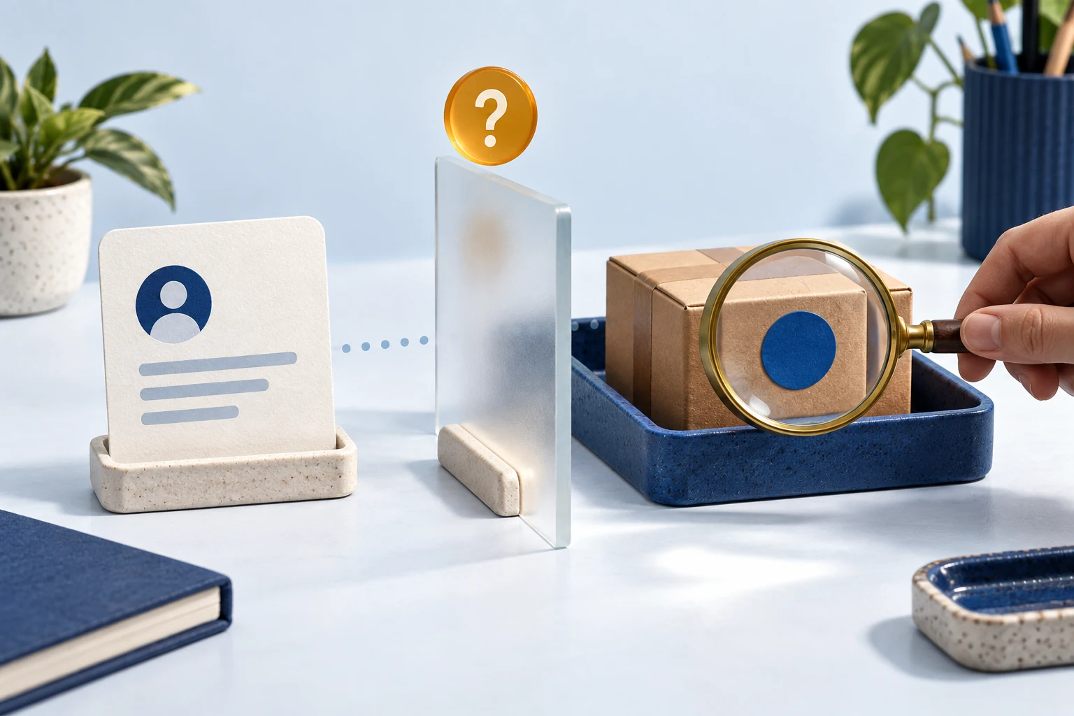Editorial illustration of checking an existing supplier parcel behind an uncertain connection.