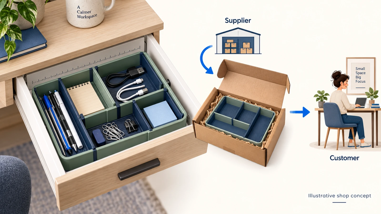Illustrative drawer-organizer offer and a supplier parcel delivered directly to the customer.