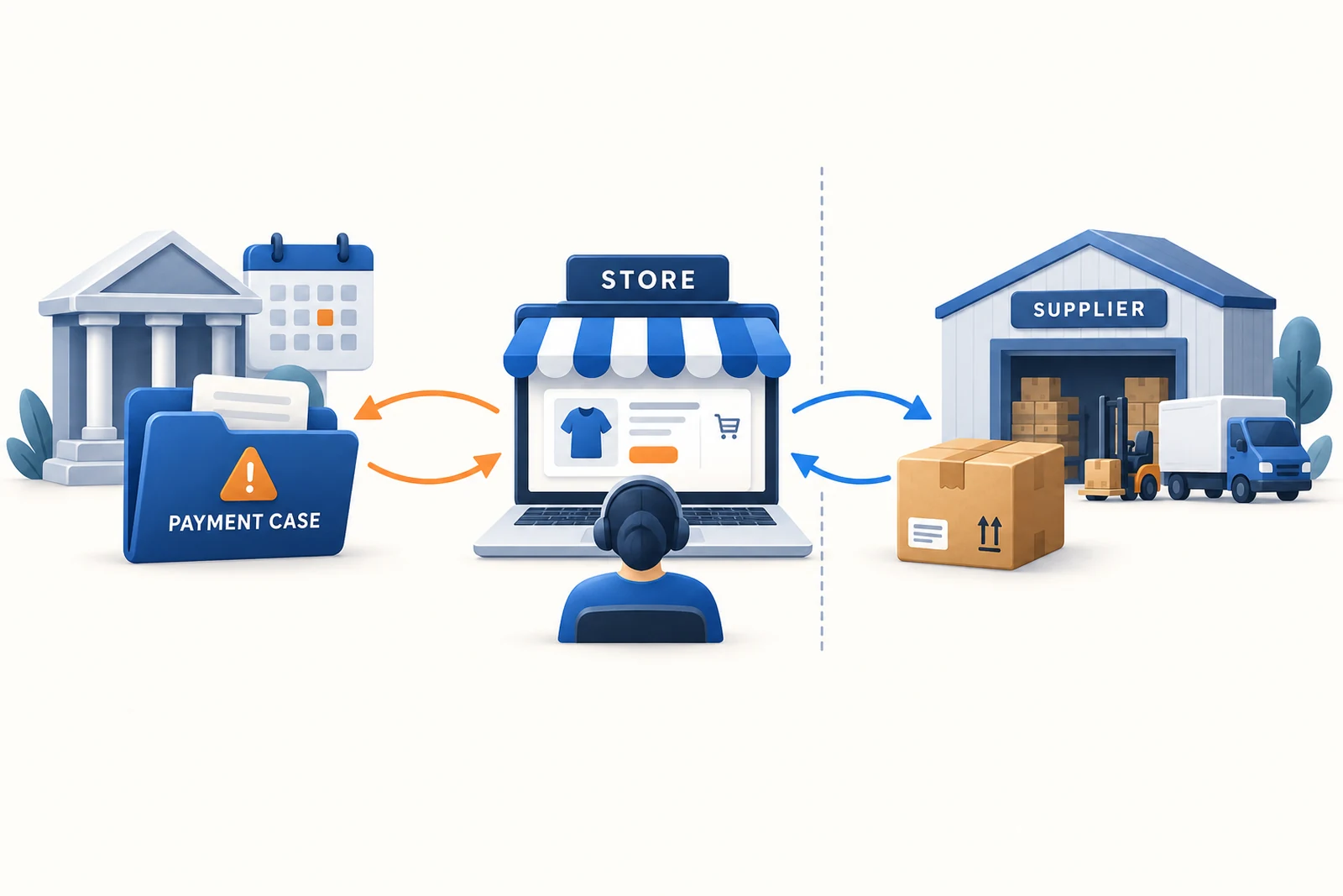 Conceptual online retailer receiving a payment dispute, with the bank response and supplier shipment shown as separate responsibilities.