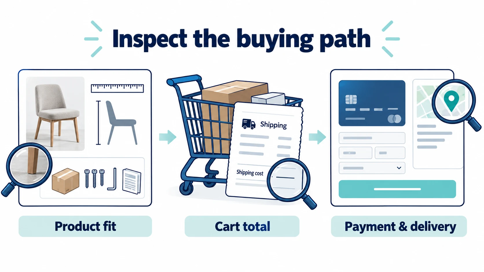 Conceptual buying path connects product details, cart charges and checkout payment to distinct investigation points.