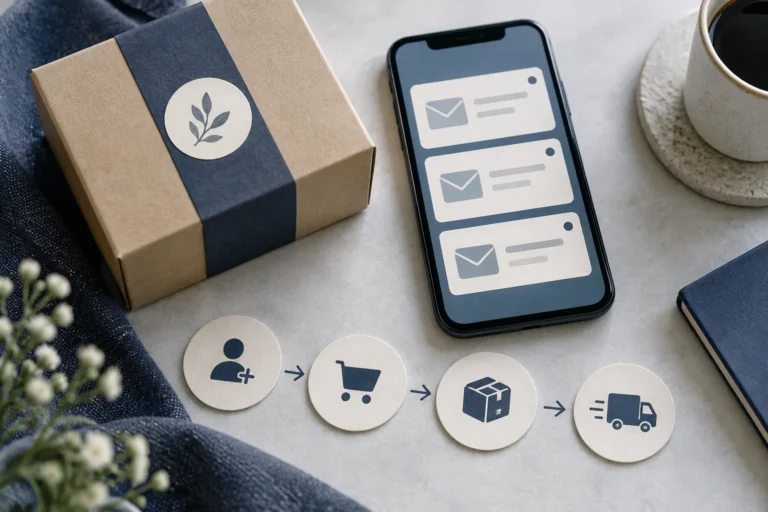 Concept illustration of a parcel, email cards and a sequence of shopper and order events.