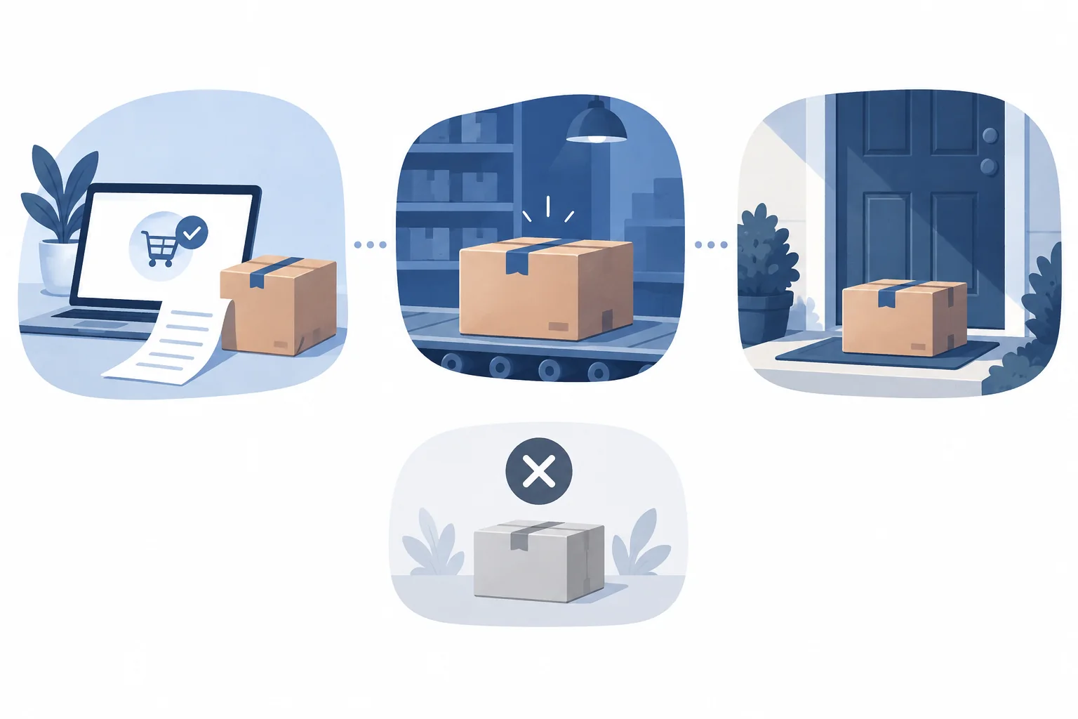 Concept diagram separating order placed, fulfillment, delivered parcel and canceled order states.
