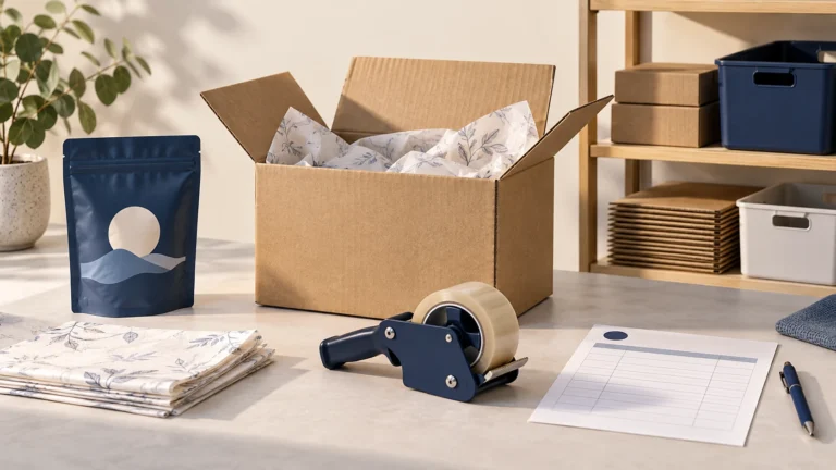 Picking, packing, storage and shipping objects beside an itemized cost sheet