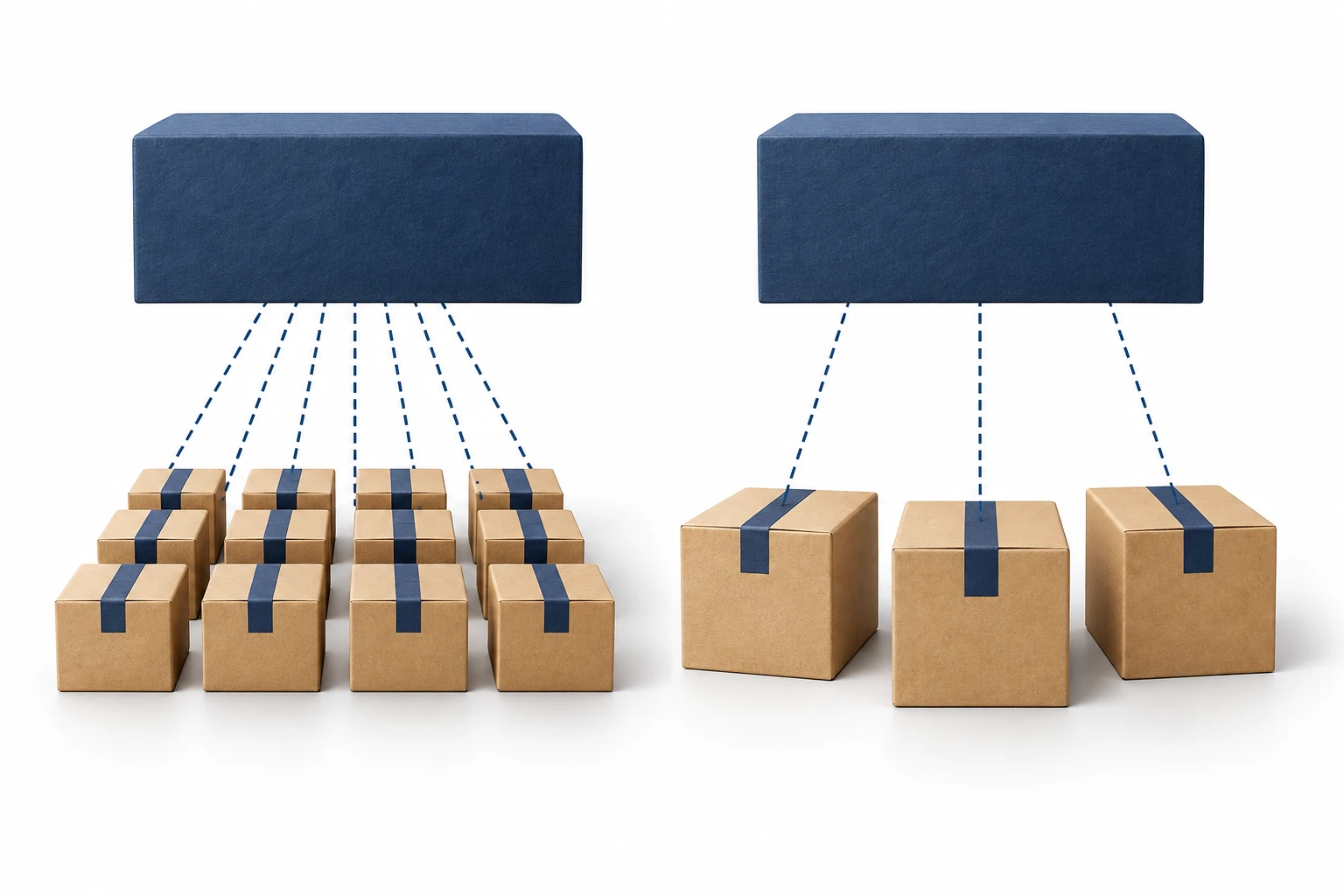 Equal overhead blocks allocated across many parcels and fewer parcels