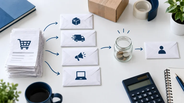 Conceptual sales receipts distributed across supplier, shipping, marketing and software envelopes before a cash reserve and owner envelope.