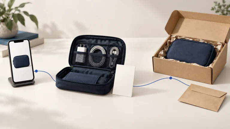 Product demonstration, clear product details and a packed parcel arranged as stages of a purchase