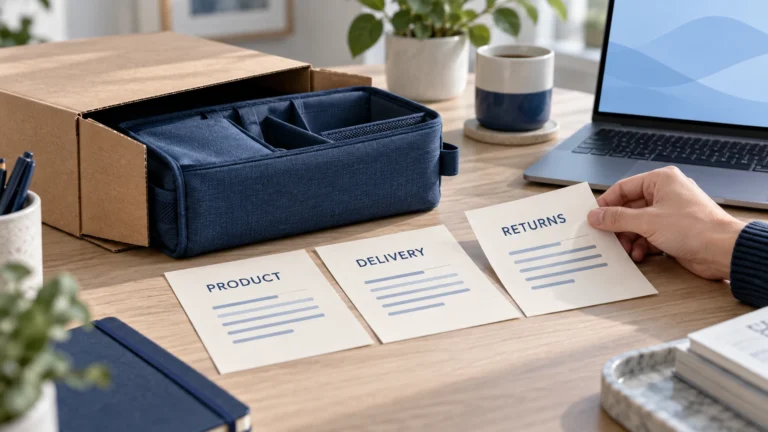 A product beside delivery and return documents being examined before purchase.