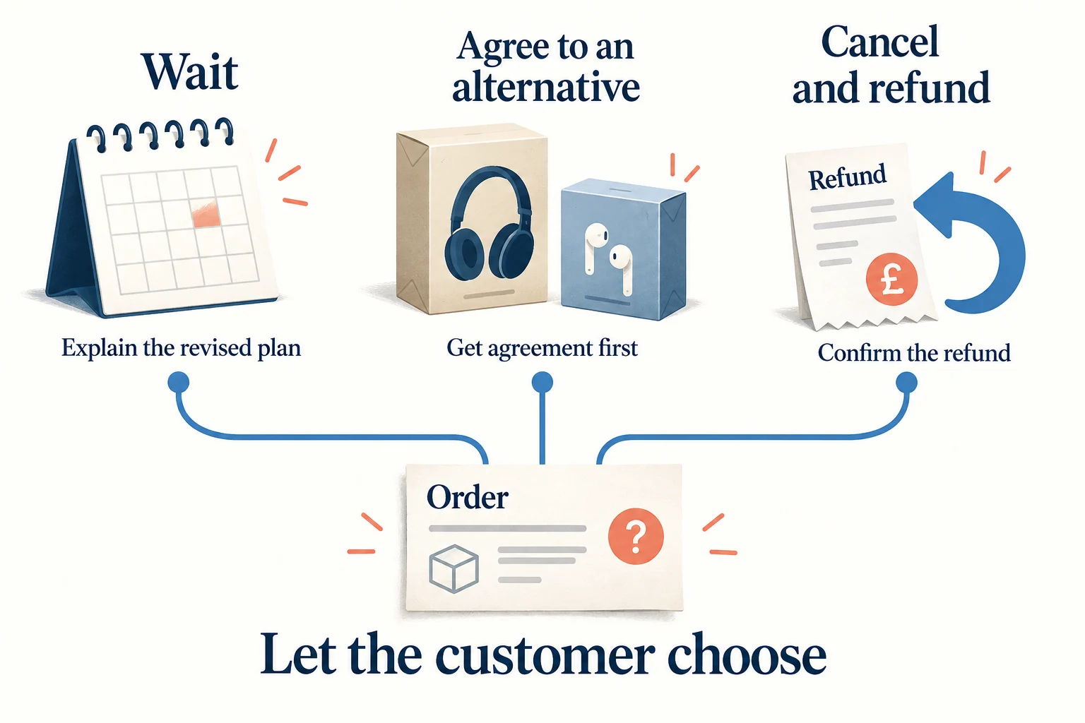 Three customer choices for an unavailable item: wait with a revised plan, agree to an alternative, or cancel and refund.