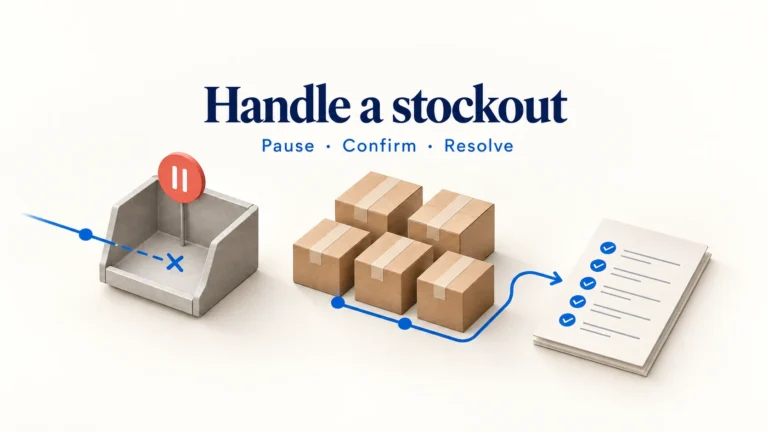 Editorial illustration of an empty product bin, paused sales and confirmed parcels beside an order list.