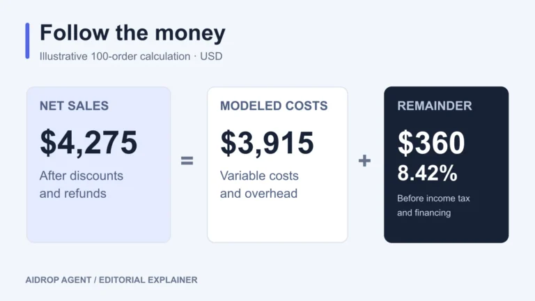 Illustrative 100-order calculation: net sales of 4,275 dollars equal 3,915 dollars of modeled costs plus 360 dollars before income tax and financing.