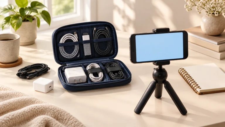Phone on a tabletop tripod recording the contents of a small cable pouch