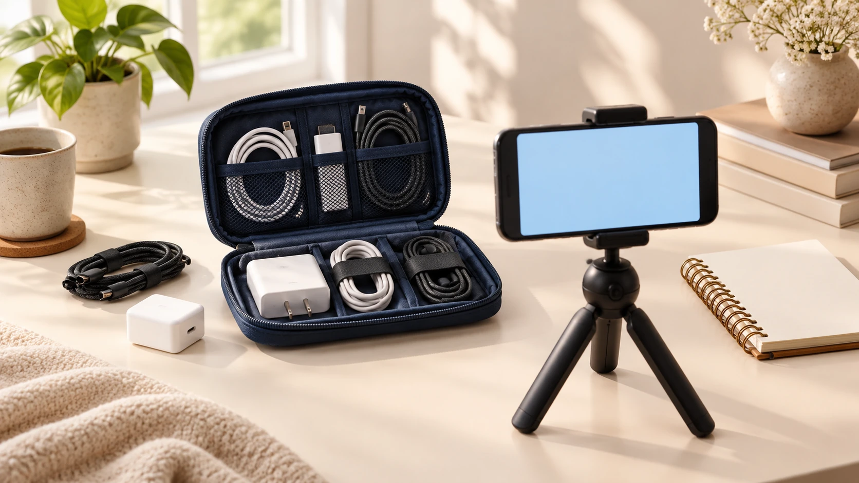 Phone on a tabletop tripod recording the contents of a small cable pouch