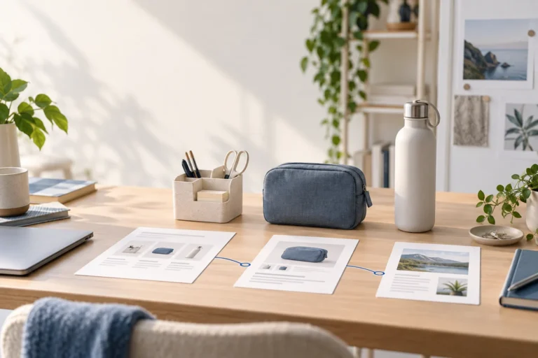 Conceptual editorial still life of product samples beside collection, product and guide page sheets.