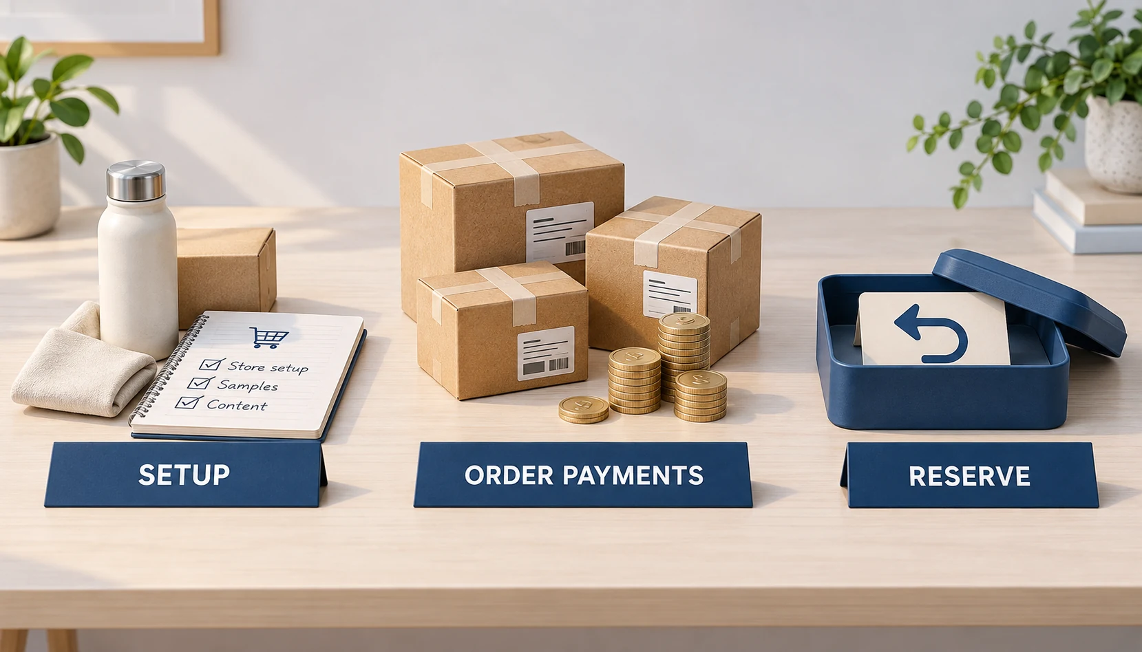 Setup notebook and sample, order parcels and separate refund reserve arranged in three groups