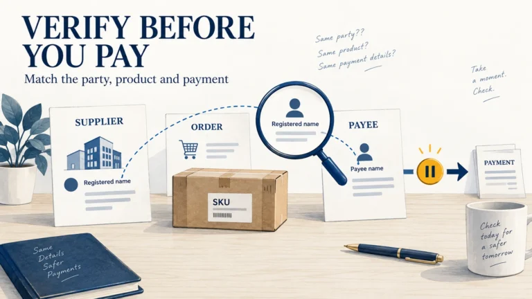 Illustration of a supplier invoice, parcel specification and verified payment contact being compared before release.