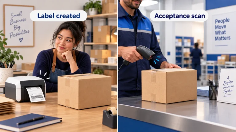 A label printer and a separate parcel acceptance scan illustrate different tracking events