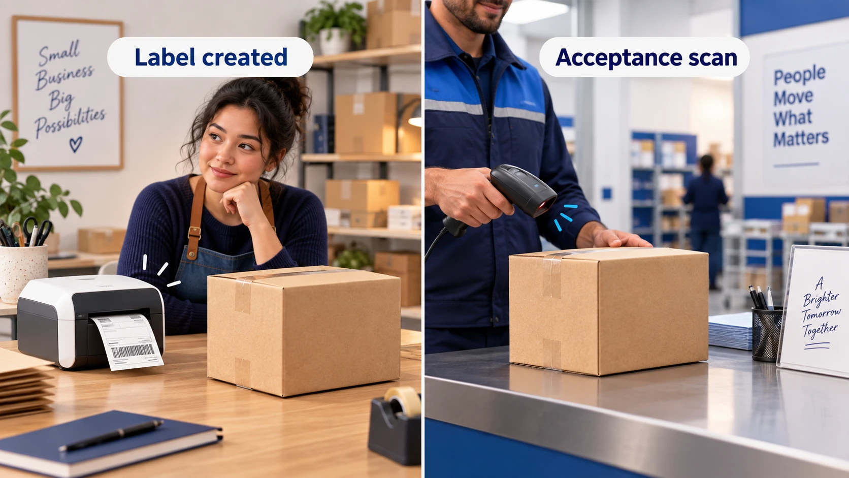 A label printer and a separate parcel acceptance scan illustrate different tracking events