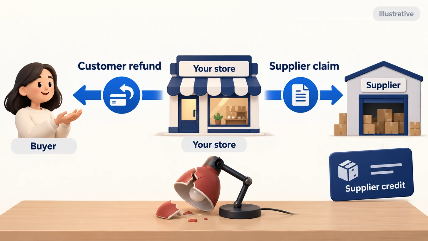 Illustrative broken-lamp case: refunding your buyer and claiming a supplier credit are separate actions.