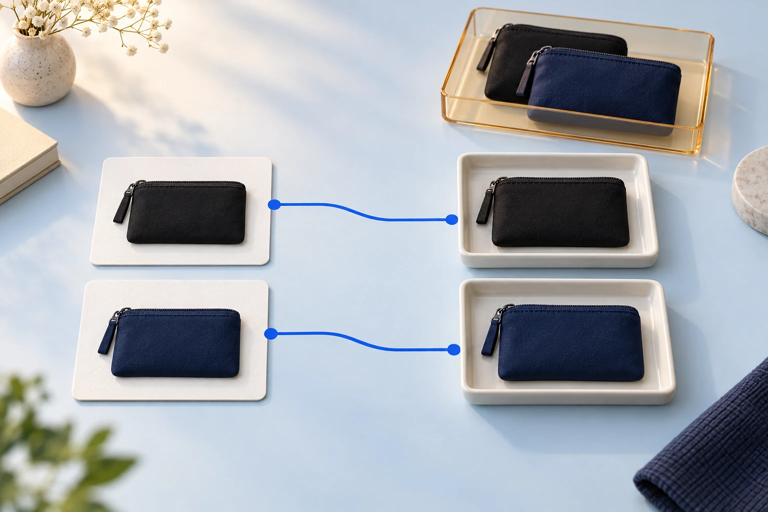 Editorial illustration matching black and navy single pouches to the corresponding supplier variants.